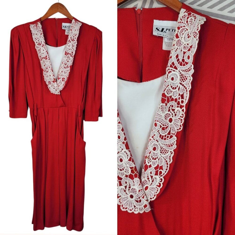 Vintage Power Suit Jacket Dress Size 12 Petite Career Red FLAW Lace Collar